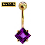 14K Solid Gold Belly Button Ring with Diamond Semi and Precious Stone- Hand Made 14K Gold Belly Bar for that very special Person