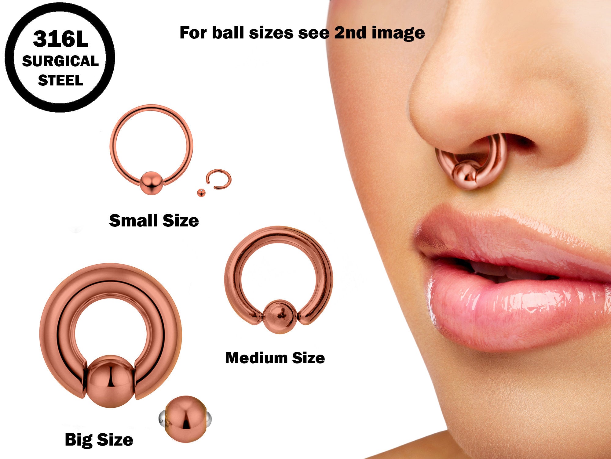 Rose Gold Captive Ball Ring Piercing 18g to 00g ,Big Gauge is with Spring Ball Septum Nose Piercing Jewelry Also Piercing for Genital