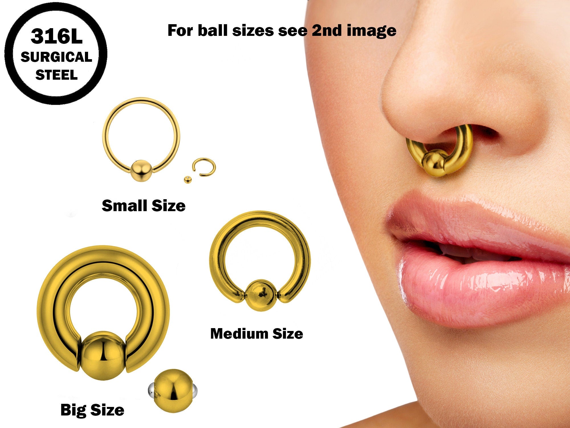 Gold Captive Ball Ring Piercing 18g to 00g ,Big Gauge is with Spring Ball Septum Nose Piercing Jewelry Also Piercing for Genital