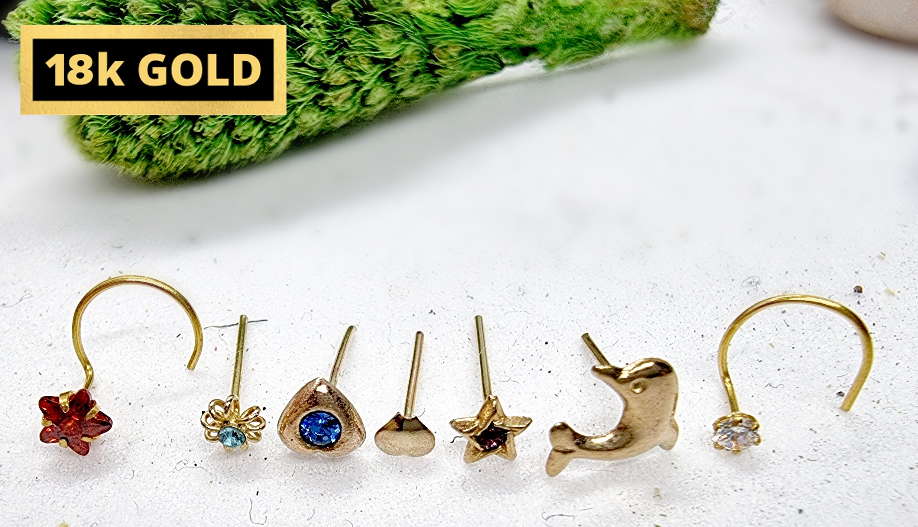 18K Gold Nostril Piercing, Star Shape Nose Pin with Highest Quality Round Crystal - Nose Stud made of Finest in Gold Nose Jewelry