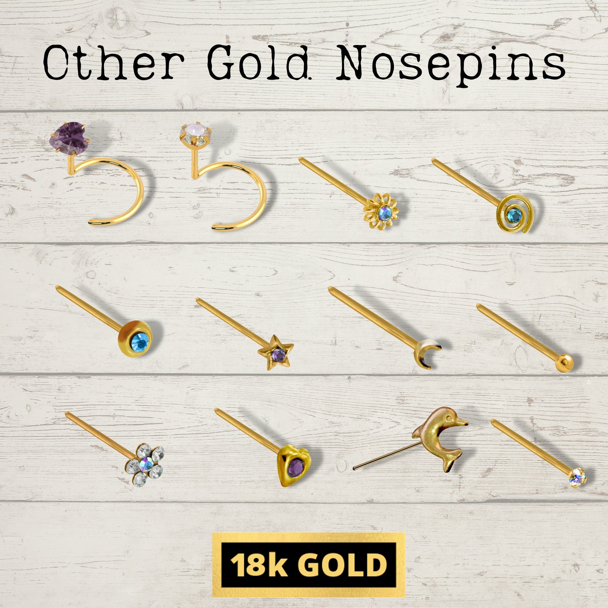 18K Gold Nostril Piercing, Spiral Straight Nose Pin with Highest Quality Round Crystal - Nose Stud made of Finest Gold Nose Jewelry