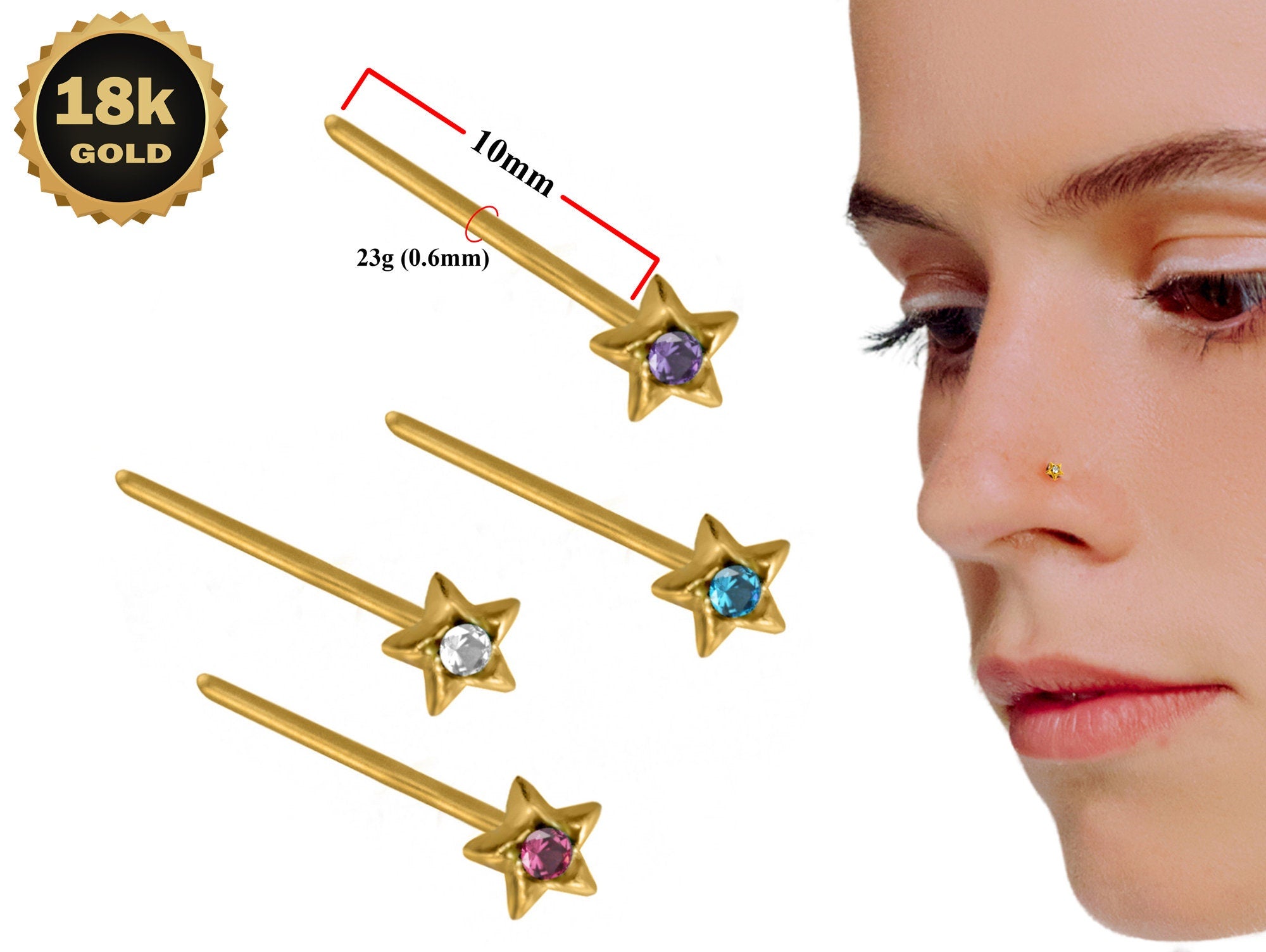 18K Gold Nostril Piercing, Star Shape Nose Pin with Highest Quality Round Crystal - Nose Stud made of Finest in Gold Nose Jewelry