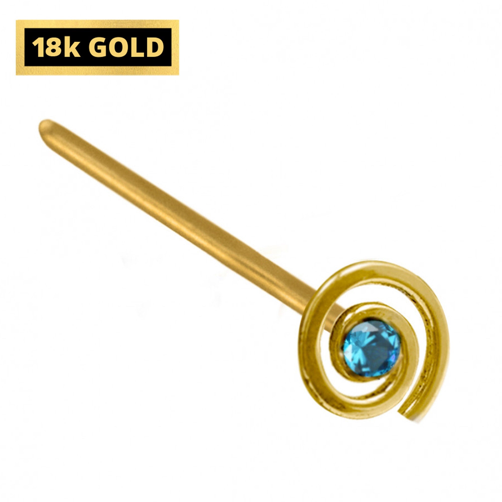 18K Gold Nostril Piercing, Spiral Straight Nose Pin with Highest Quality Round Crystal - Nose Stud made of Finest Gold Nose Jewelry