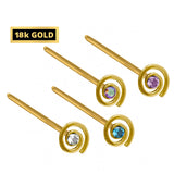 18K Gold Nostril Piercing, Spiral Straight Nose Pin with Highest Quality Round Crystal - Nose Stud made of Finest Gold Nose Jewelry