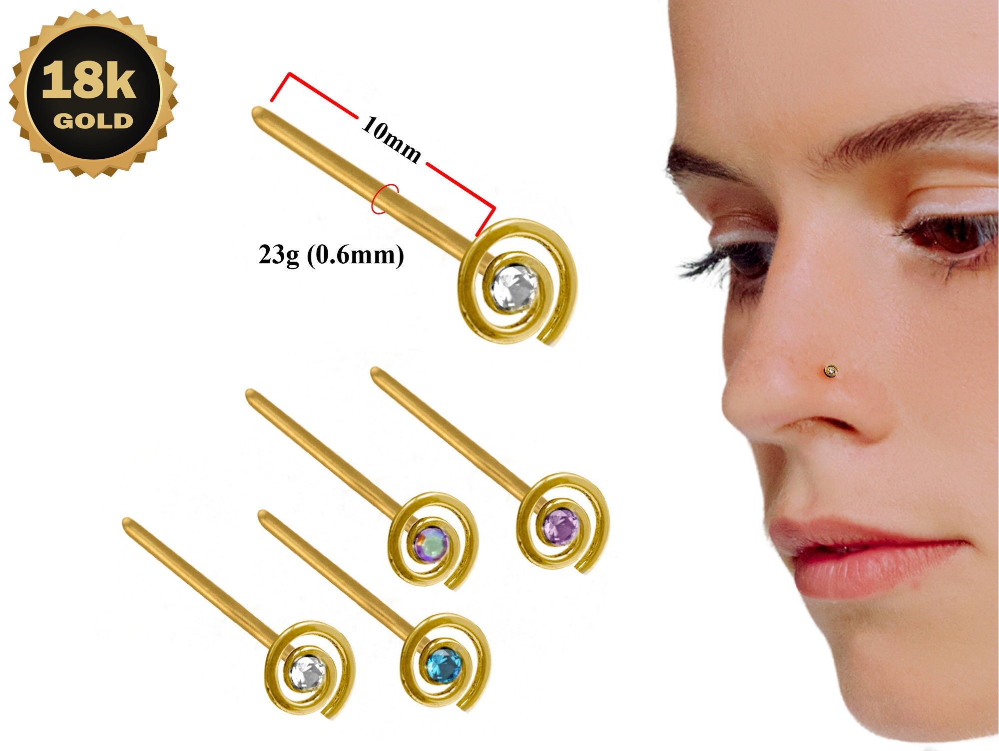 18K Gold Nostril Piercing, Spiral Straight Nose Pin with Highest Quality Round Crystal - Nose Stud made of Finest Gold Nose Jewelry