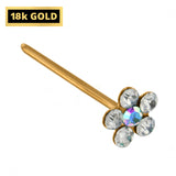 18K Gold Nostril Piercing, Flower Shape Straight Nose Pin with Highest Quality Round Crystal - Nose Stud made of Finest Gold Nose Jewelry