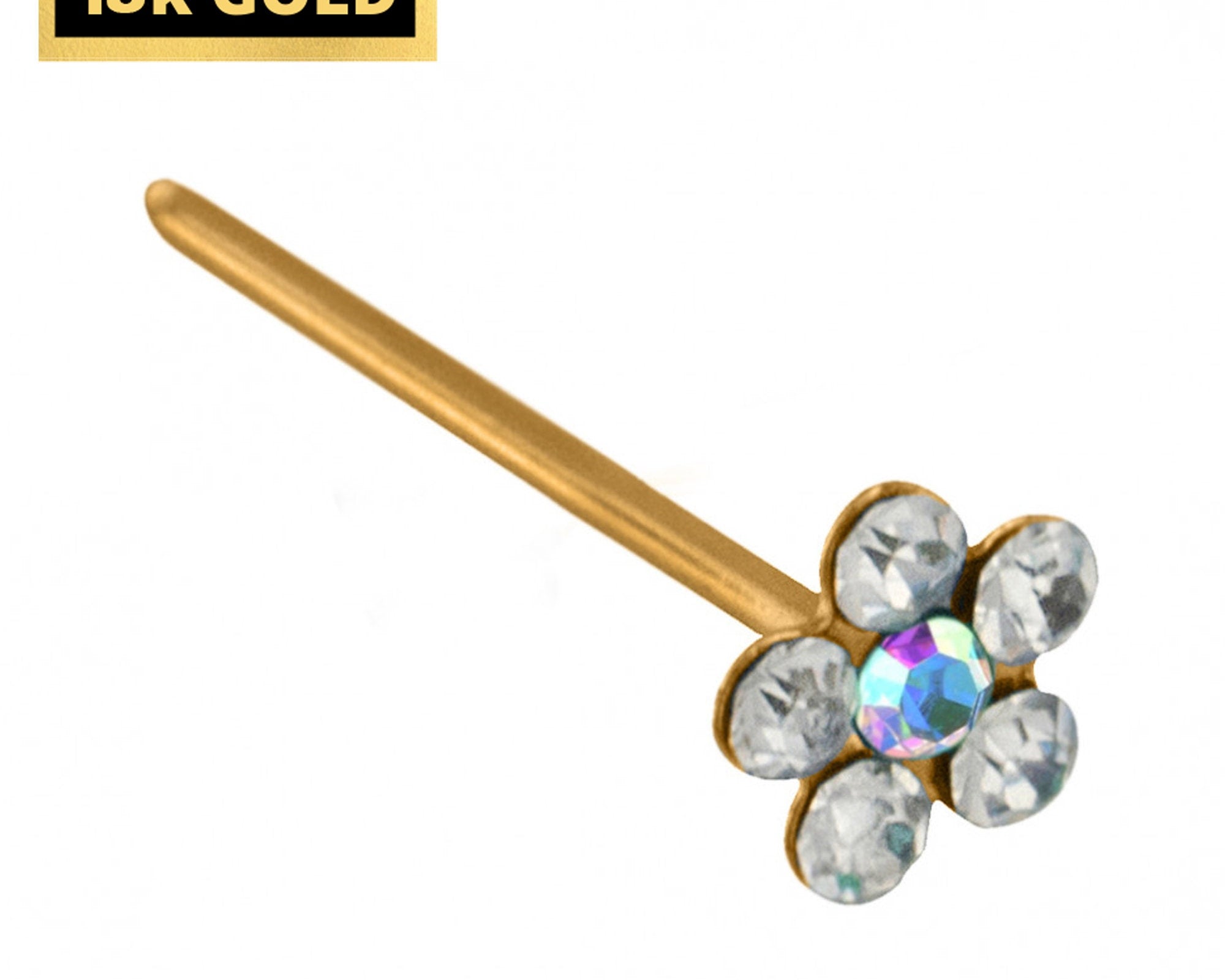 18K Gold Nostril Piercing, Flower Shape Straight Nose Pin with Highest Quality Round Crystal - Nose Stud made of Finest Gold Nose Jewelry