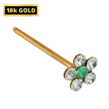 18K Gold Nostril Piercing, Flower Shape Straight Nose Pin with Highest Quality Round Crystal - Nose Stud made of Finest Gold Nose Jewelry