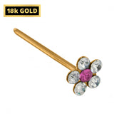 18K Gold Nostril Piercing, Flower Shape Straight Nose Pin with Highest Quality Round Crystal - Nose Stud made of Finest Gold Nose Jewelry