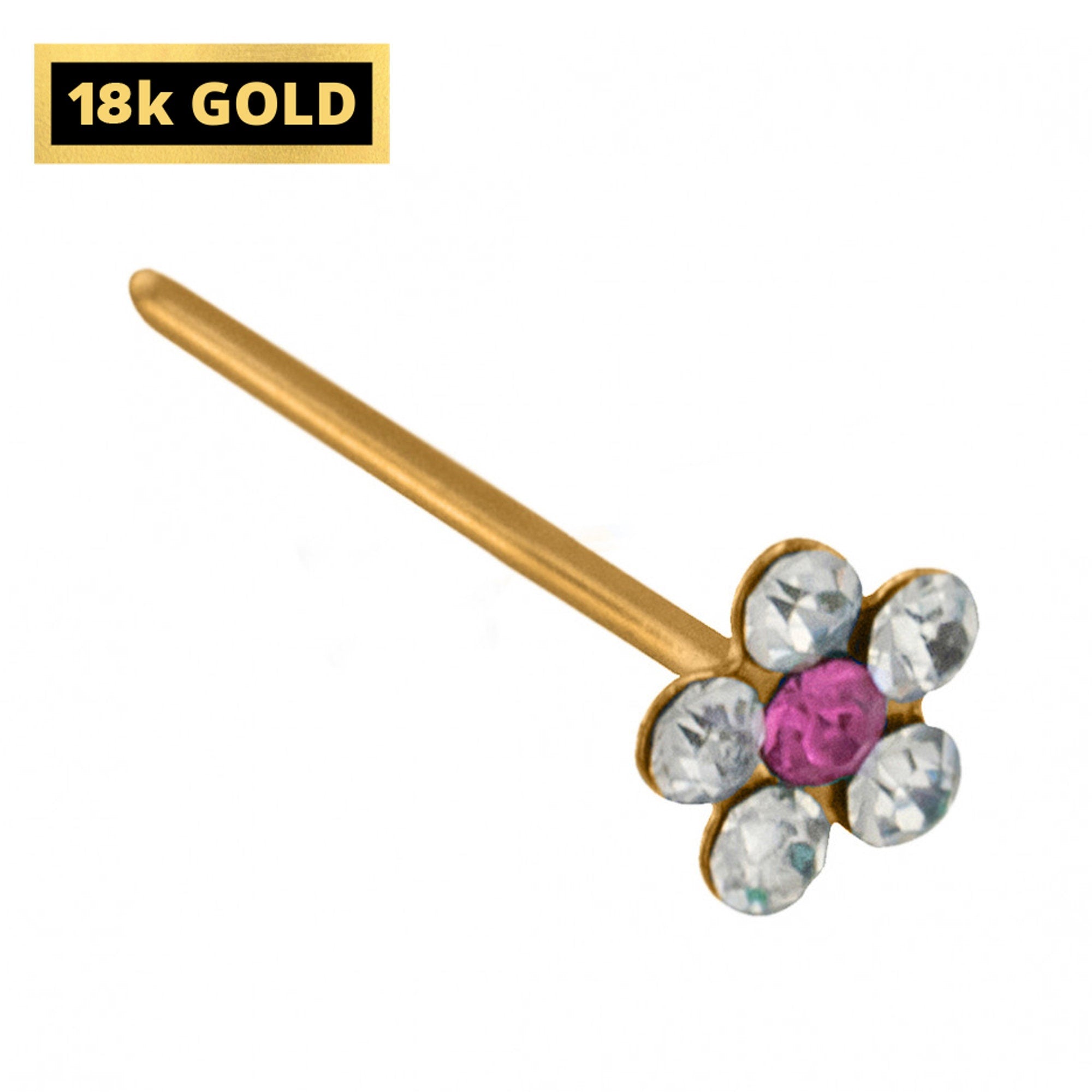 18K Gold Nostril Piercing, Flower Shape Straight Nose Pin with Highest Quality Round Crystal - Nose Stud made of Finest Gold Nose Jewelry