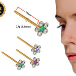 18K Gold Nostril Piercing, Flower Shape Straight Nose Pin with Highest Quality Round Crystal - Nose Stud made of Finest Gold Nose Jewelry