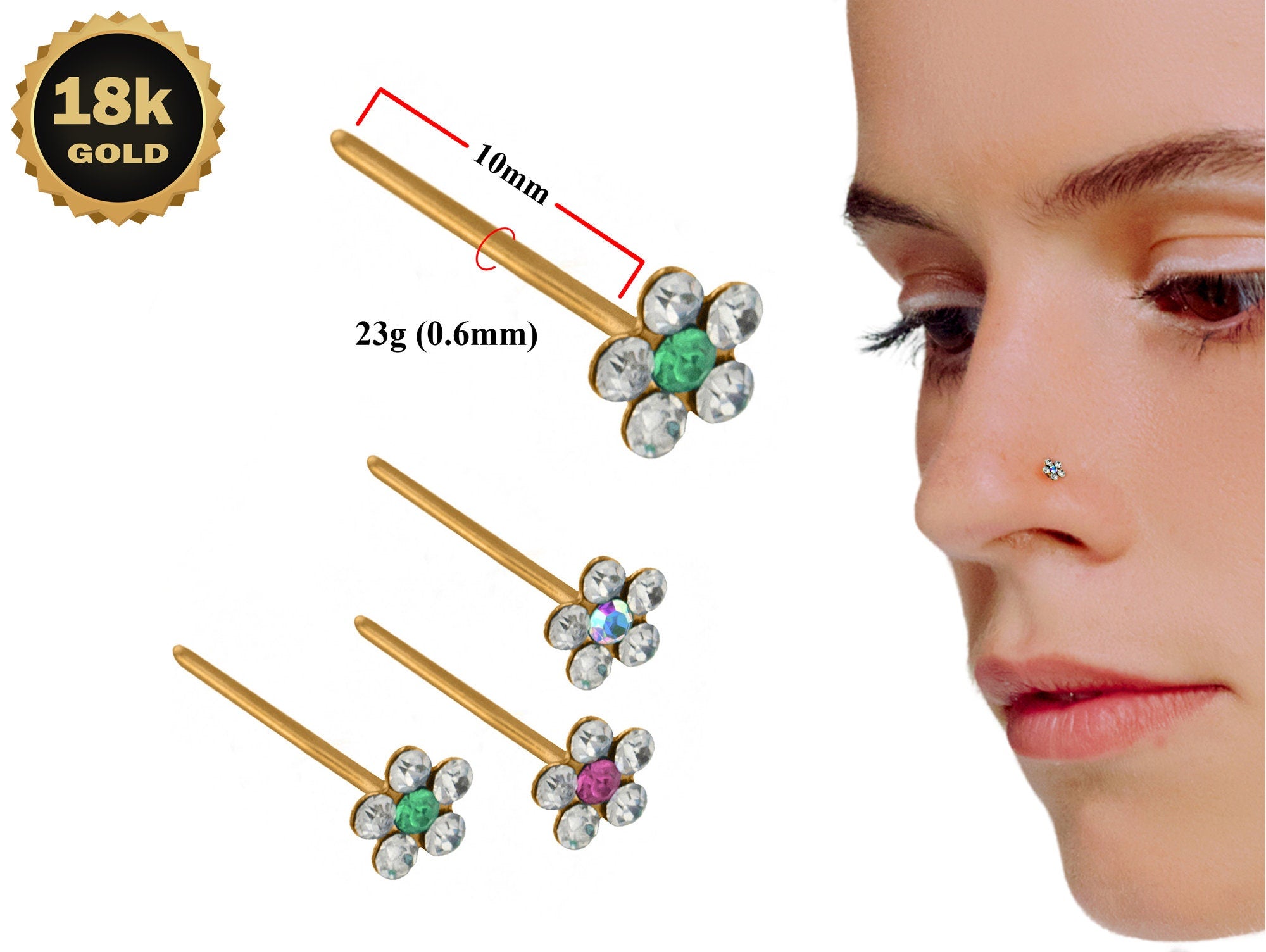 18K Gold Nostril Piercing, Flower Shape Straight Nose Pin with Highest Quality Round Crystal - Nose Stud made of Finest Gold Nose Jewelry