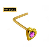 18K Gold Nostril Piercing, L-Shape Heart Nose Pin with Highest Quality Round Crystal - 18G Nose Stud made of Finest in Gold Nose Jewelry