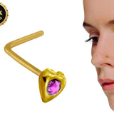 18K Gold Nostril Piercing, L-Shape Heart Nose Pin with Highest Quality Round Crystal - 18G Nose Stud made of Finest in Gold Nose Jewelry