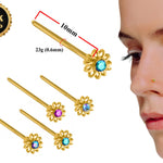 18K Gold Nostril Piercing, Unique Style Straight Nose Pin with Highest Quality Round Crystal - Nose Stud made of Finest Gold Nose Jewelry