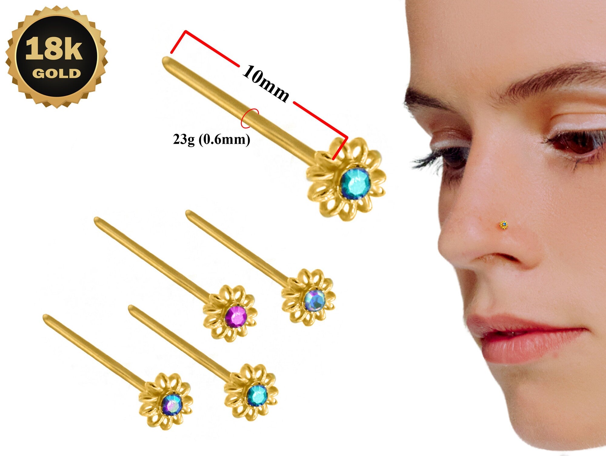 18K Gold Nostril Piercing, Unique Style Straight Nose Pin with Highest Quality Round Crystal - Nose Stud made of Finest Gold Nose Jewelry