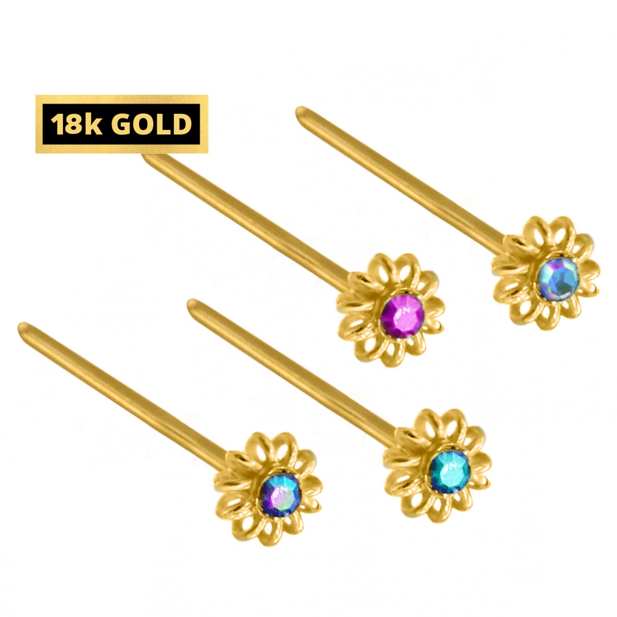 18K Gold Nostril Piercing, Unique Style Straight Nose Pin with Highest Quality Round Crystal - Nose Stud made of Finest Gold Nose Jewelry