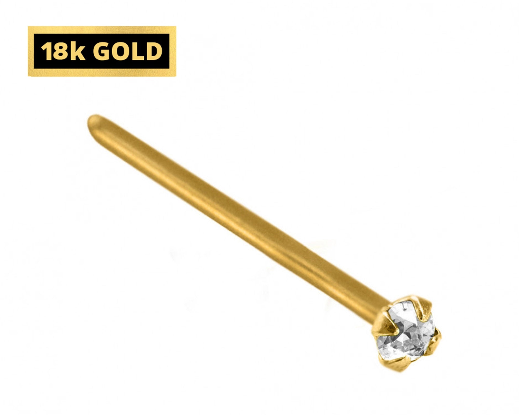 18K Gold Nostril Piercing, Prong Set Straight Nose Pin with Highest Quality Round Crystal - Nose Stud made of Finest Gold Nose Jewelry