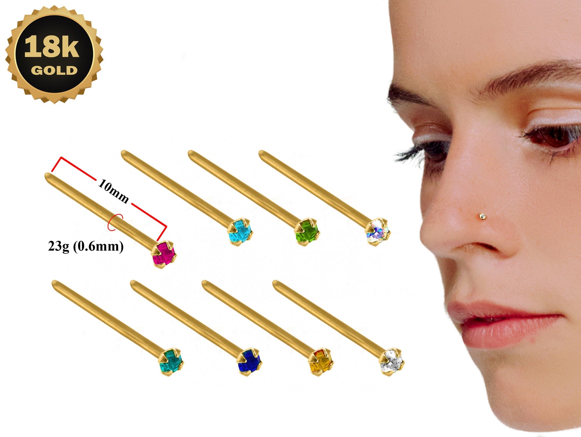 18K Gold Nostril Piercing, Prong Set Straight Nose Pin with Highest Quality Round Crystal - Nose Stud made of Finest Gold Nose Jewelry