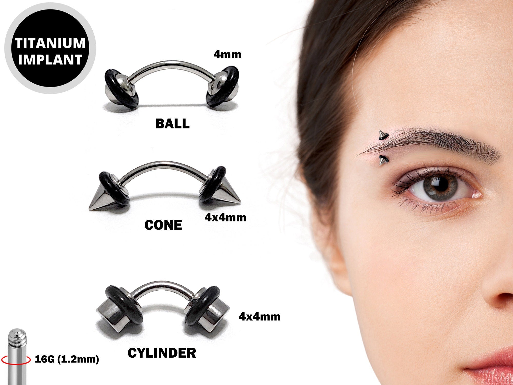 Titanium Spike Eyebrow Stud, Lip Piercings - Cone/Ball/Cylinder 16 gauge Curved Bar with Rubber O-ring - Also Piercing for Rook Earring