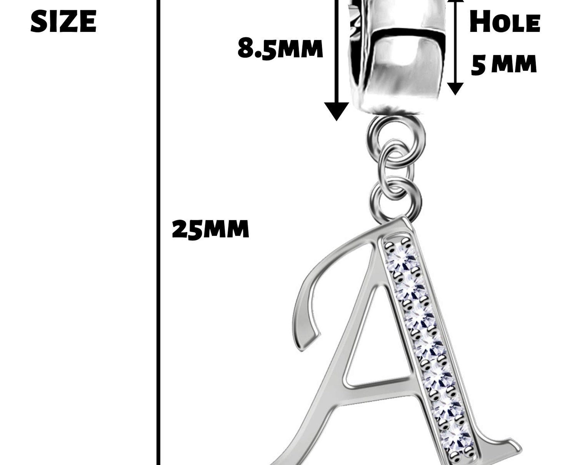 Silver Initial Alphabet Charms Letter A-Z with CZ Stone Crystals - Charm for European Bracelet - Available in Charm type and Lobster Clasp