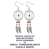 Silver Dreamcatcher Feather Dangle Drop Earrings - Native American Amulet Protection with Genuine Stone Beads