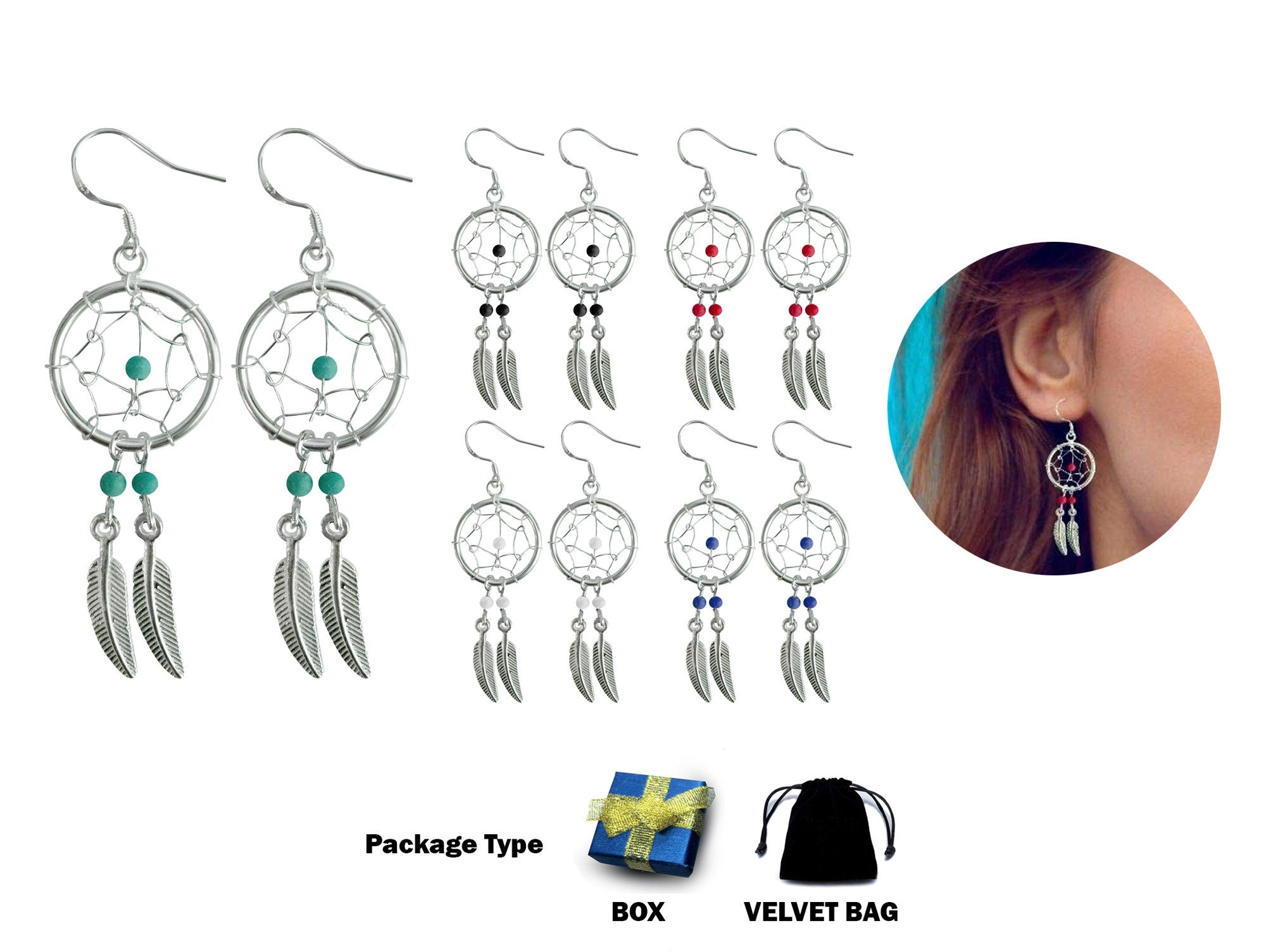 Silver Dreamcatcher Feather Dangle Drop Earrings - Native American Amulet Protection with Genuine Stone Beads