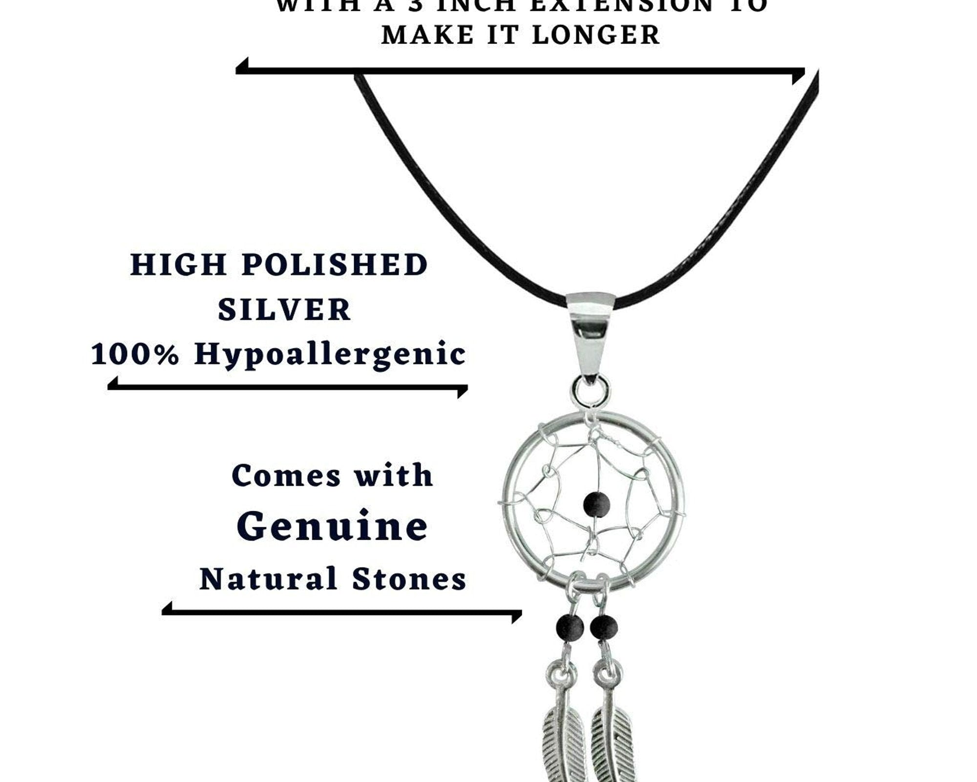 Silver Dreamcatcher Feather Dangle Drop Pendant and Necklace - Native American Amulet Protection with Genuine Stone Beads