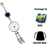 Dreamcatcher Belly Button Ring 14G Belly Rings, Belly Bar with Crystal - Native American Amulet Protection with Genuine Stone Beads