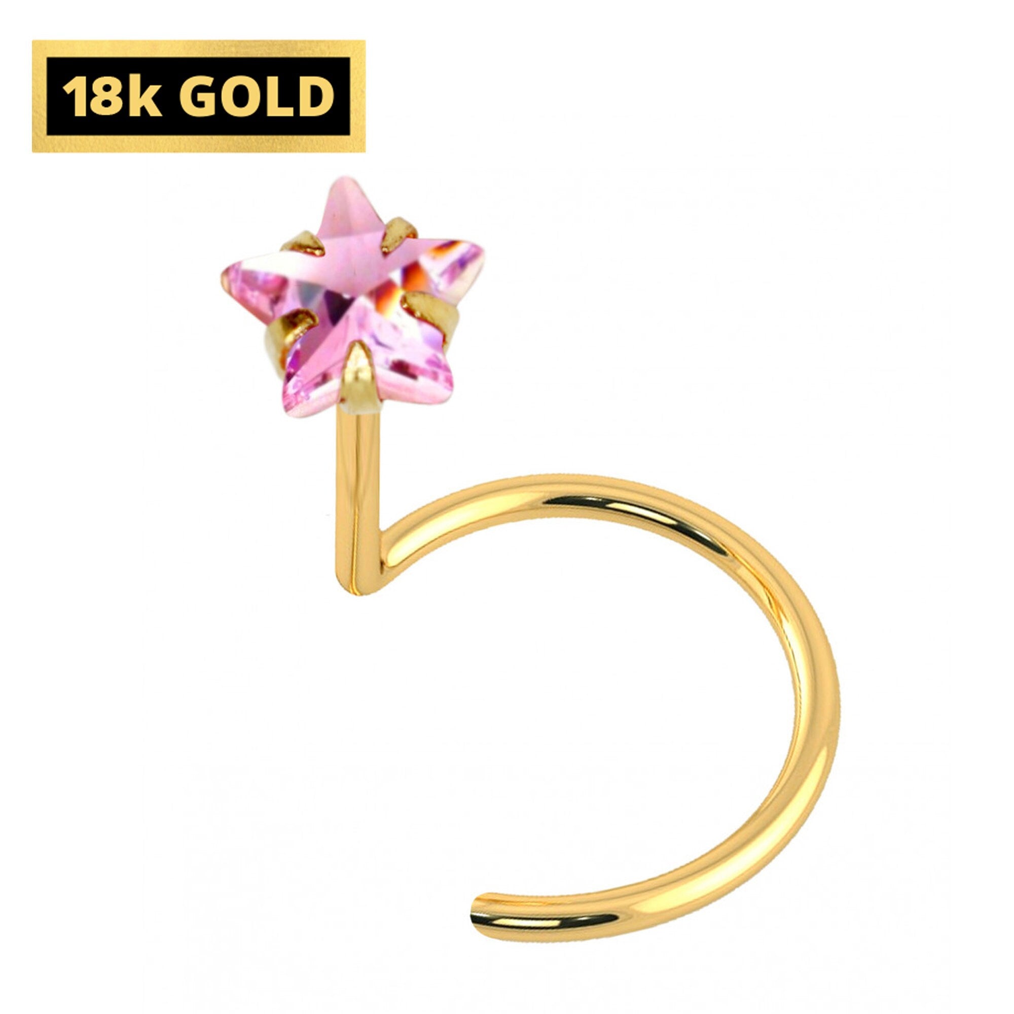 18K Gold Nostril Piercing, Nose Screw with Star Prong Set Crystal - Nose Stud, Nose Jewelry made of Gold