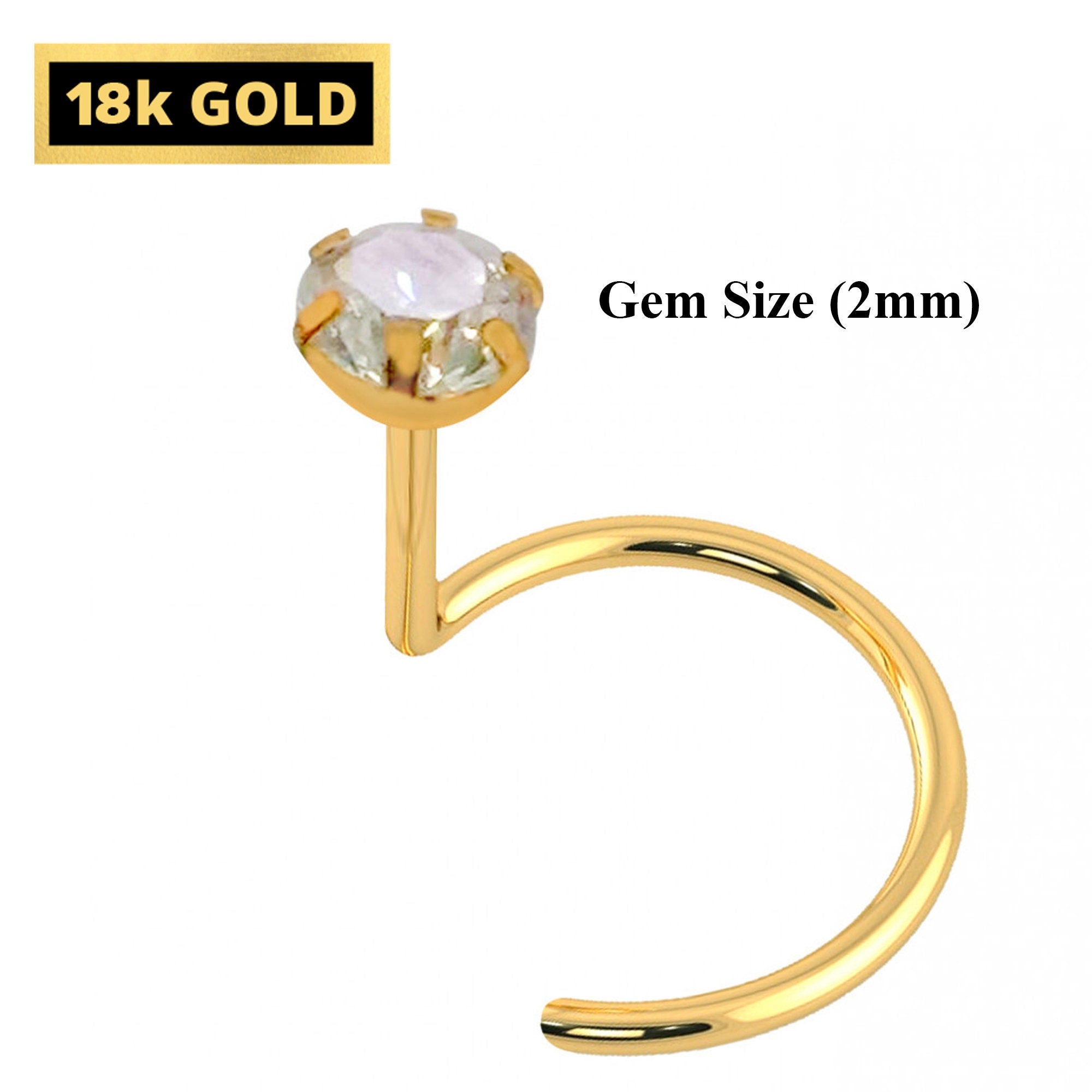 18K Gold Nostril Piercing, Nose Screw with Prong Set Round Crystal Hand Set & Hand Polished - Nose Stud, Nose Jewelry made of Gold