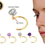 18K Gold Nostril Piercing Nose Screw with Heart Prong Set Crystal Hand Set & Hand Polished Nose Stud - Finest Quality Gold Nose Jewelry