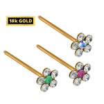 18K Gold Nostril Piercing, Flower Shape Straight Nose Pin with Highest Quality Round Crystal - Nose Stud made of Finest Gold Nose Jewelry