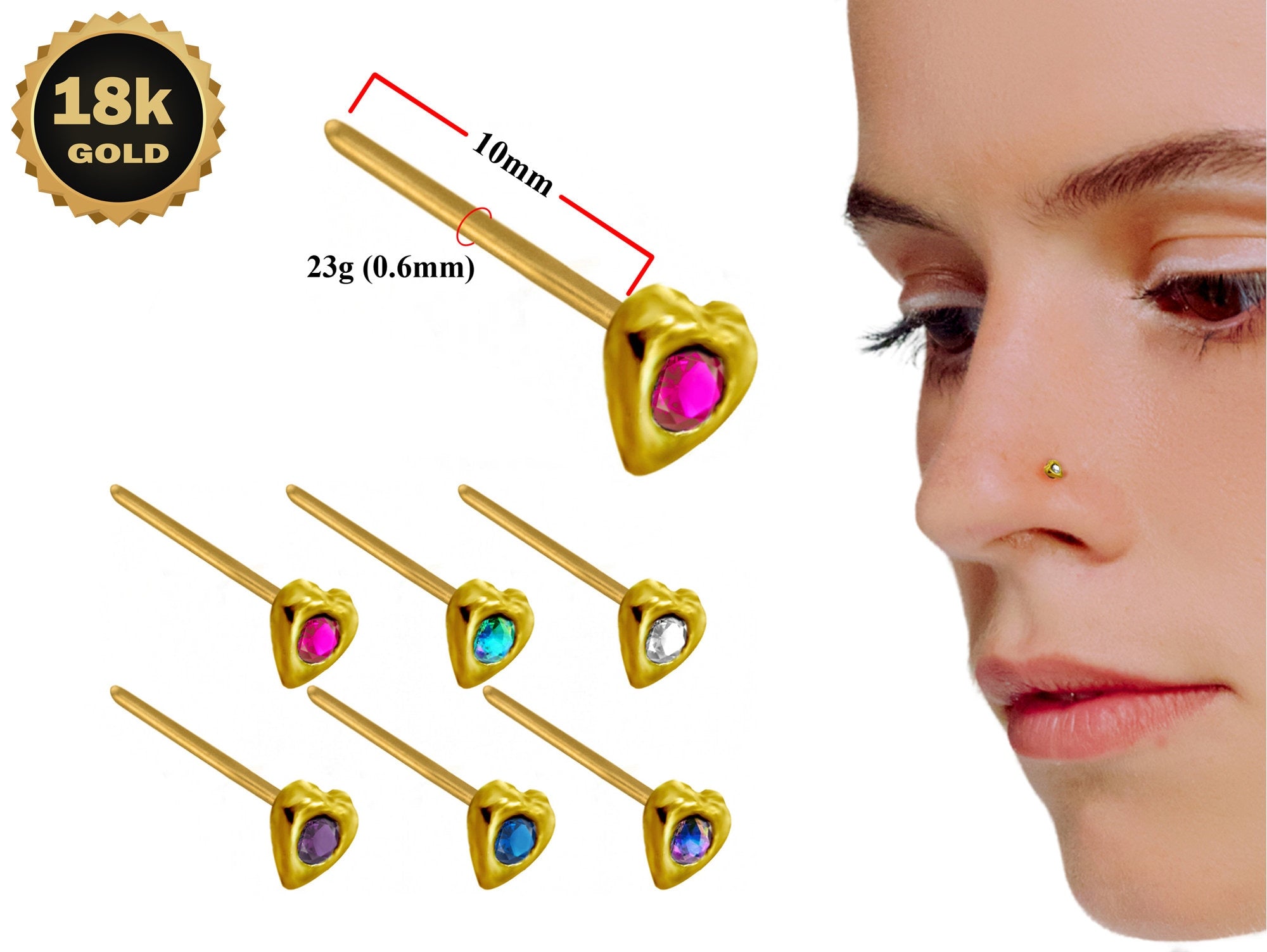 18K Gold Nostril Piercing, Heart Shape Nose Pin with Highest Quality Round Crystal - Nose Stud made of Finest in Gold Nose Jewelry