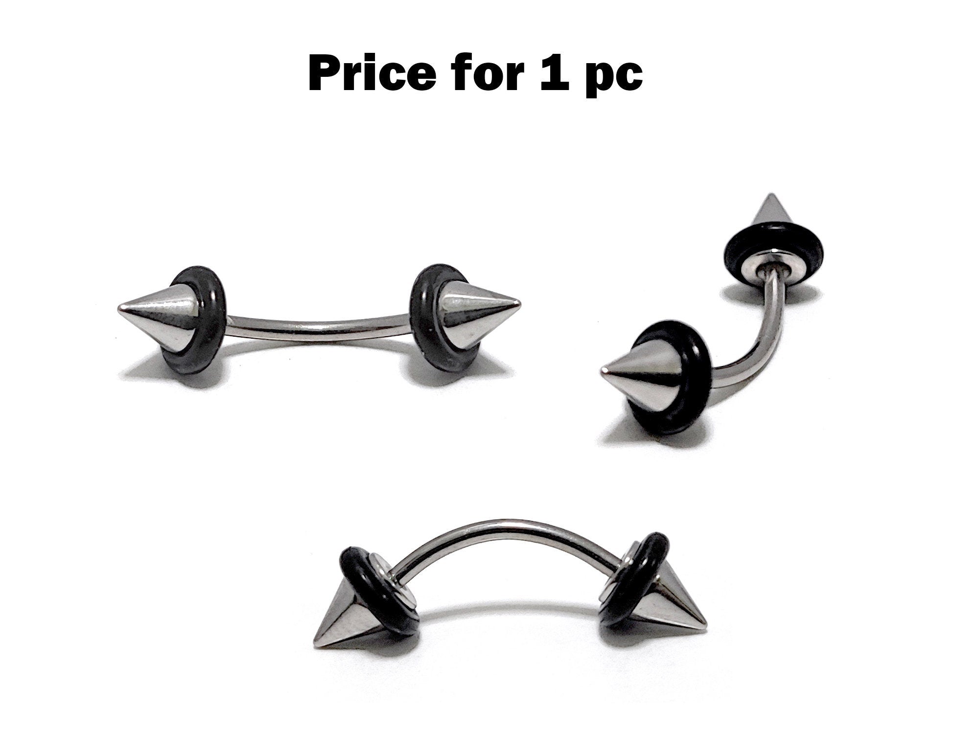 Titanium Spike Eyebrow Stud, Lip Piercings - Cone/Ball/Cylinder 16 gauge Curved Bar with Rubber O-ring - Also Piercing for Rook Earring