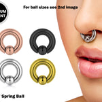 Titanium Ball Hoop Septum Ring, CBR Closure Ball Nose Ring, Spring Ball BCR - Large Gauge Nose Hoops in Black, Gold, Rose Gold, Silver Color