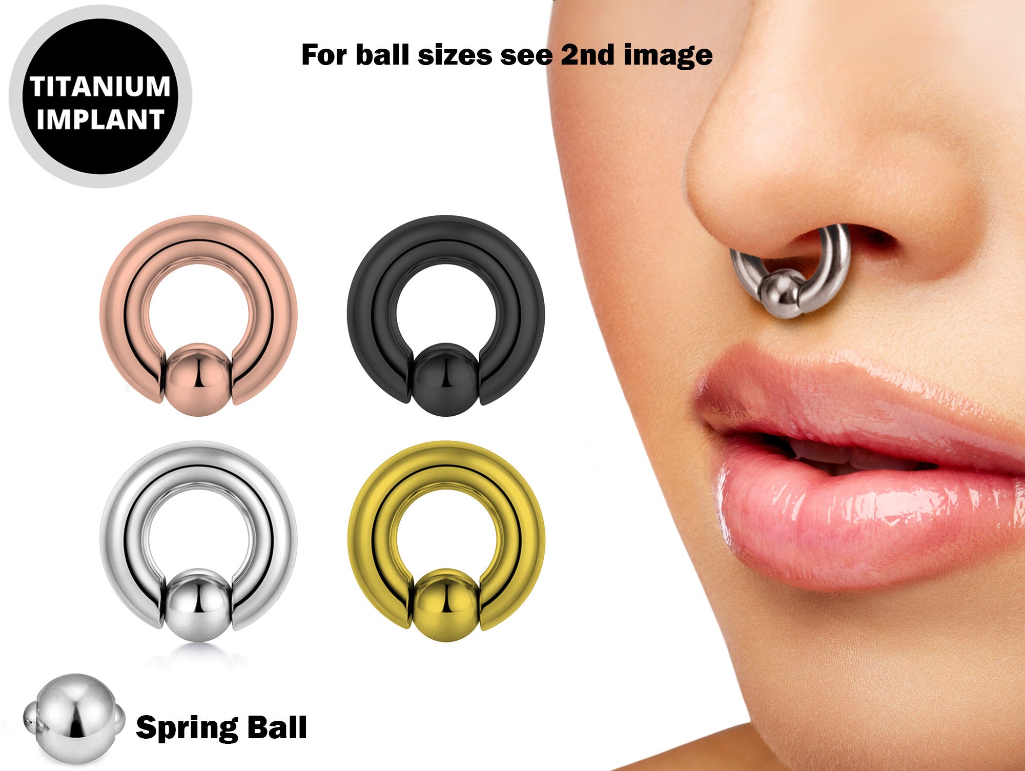 Titanium Ball Hoop Septum Ring, CBR Closure Ball Nose Ring, Spring Ball BCR - Large Gauge Nose Hoops in Black, Gold, Rose Gold, Silver Color