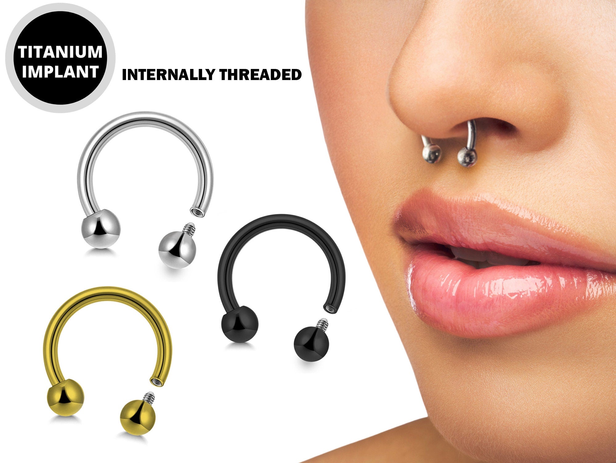 Titanium Internally Threaded Horseshoe Ring Piercing 16g to 00Gg Septum Jewelry Bull Piercing Also for Nipple, PA Ring and Lips