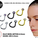 Titanium Nose Studs 18G Nostril Screw in Black/Gold/Silver with Bezel Set Crystal size 2.5mm - Nose Piercing, Nasallang Studs Length 8mm