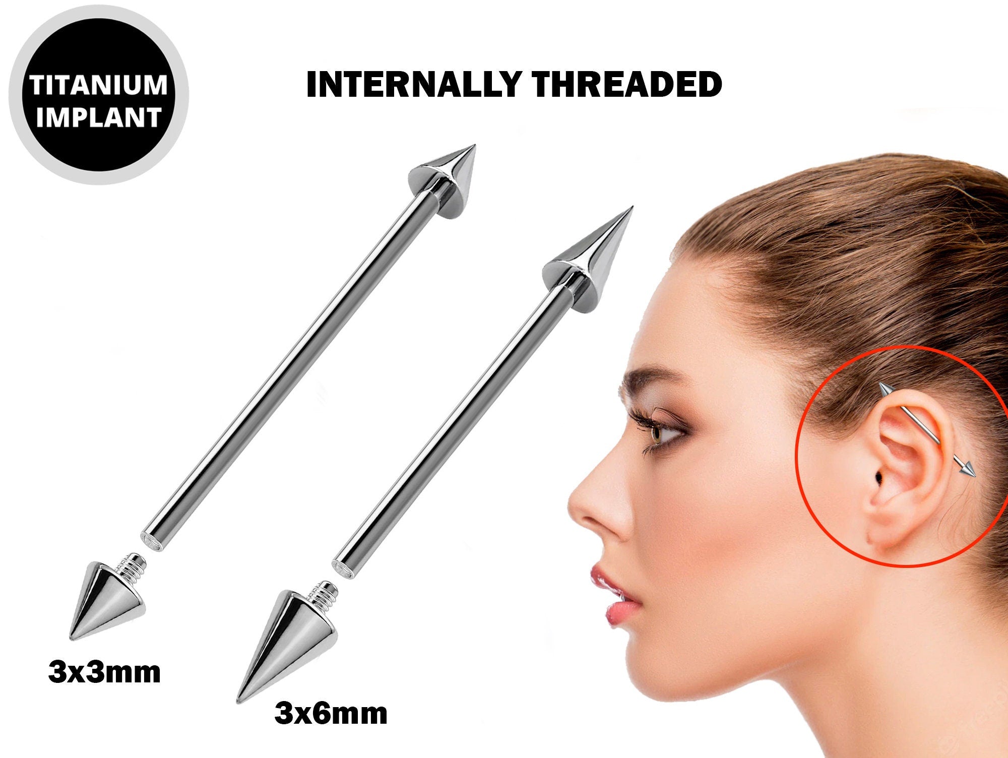 Titanium Spike Industrial Piercing, Industrial Jewelry Studs 16g 14g Ear Piercing - Straight Barbell Internally Threaded