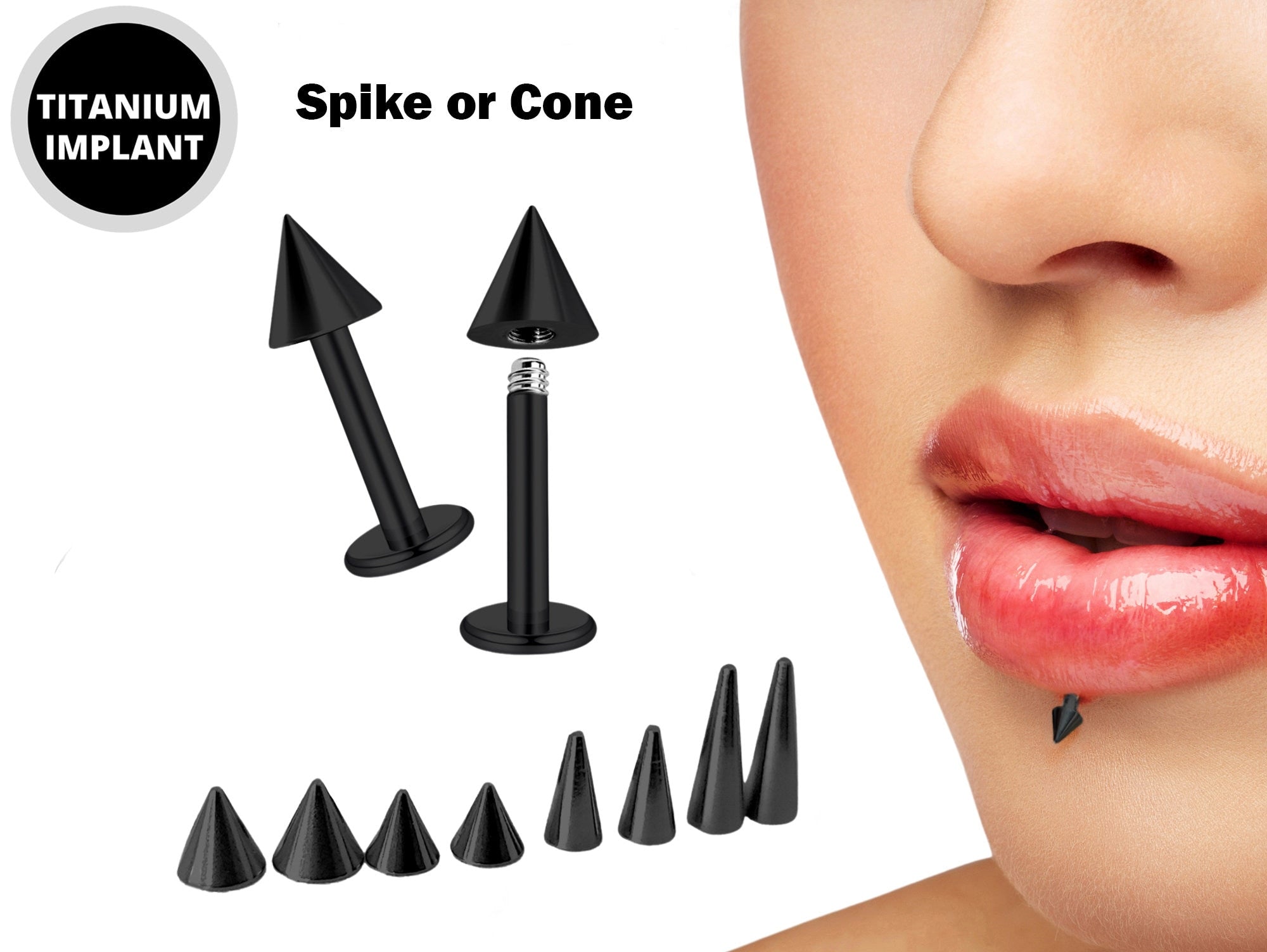 Black Spike Labret Stud Piercing Jewelry - 18g 16g 14g Titanium Lip Piercing Also for Tragus Helix Cartilage Madonna Medusa Side Labret