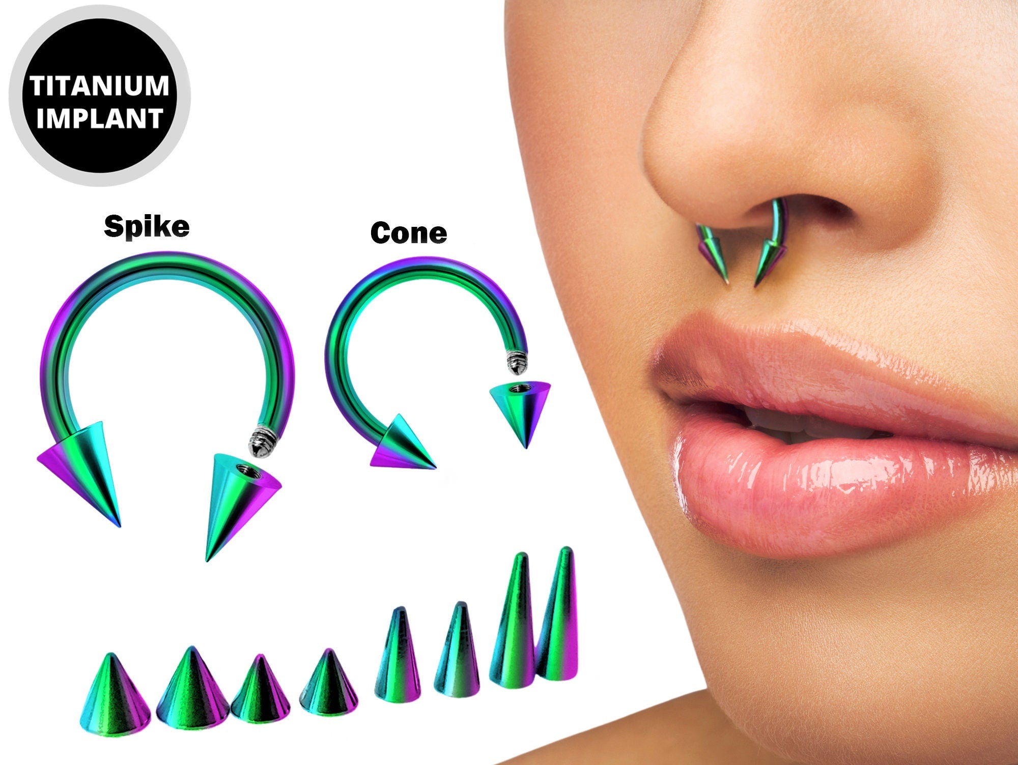 Rainbow Spike Horseshoe Ring Piercing 18g 16g 14g Cone Titanium Septum Jewelry Bull Piercing Also for Nipple, PA Ring and Lips