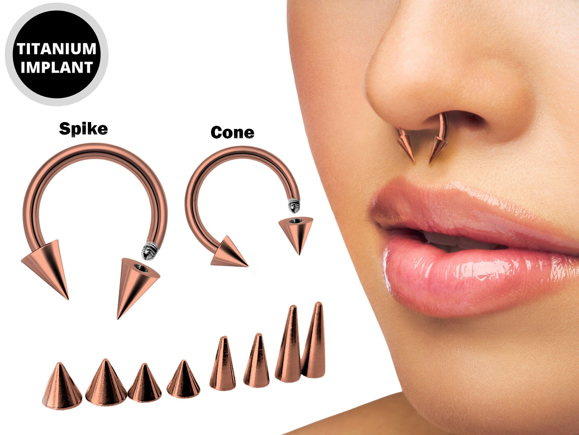 Rose Gold Spike Horseshoe Ring Piercing 18g 16g 14g Cone Titanium Septum Jewelry Bull Piercing Also for Nipple, PA Ring and Lips