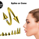 Gold Spike Spiral Helix Piercing - 18g 16g 14g Titanium Twisted Barbell Ear Piercing, Cartilage Ring, Lip Ring, Belly Ring