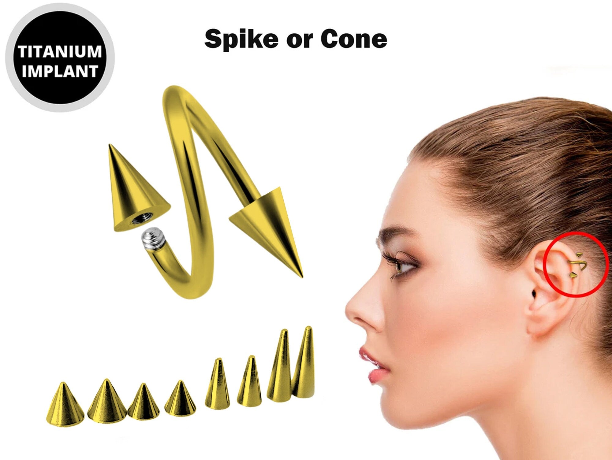 Gold Spike Spiral Helix Piercing - 18g 16g 14g Titanium Twisted Barbell Ear Piercing, Cartilage Ring, Lip Ring, Belly Ring