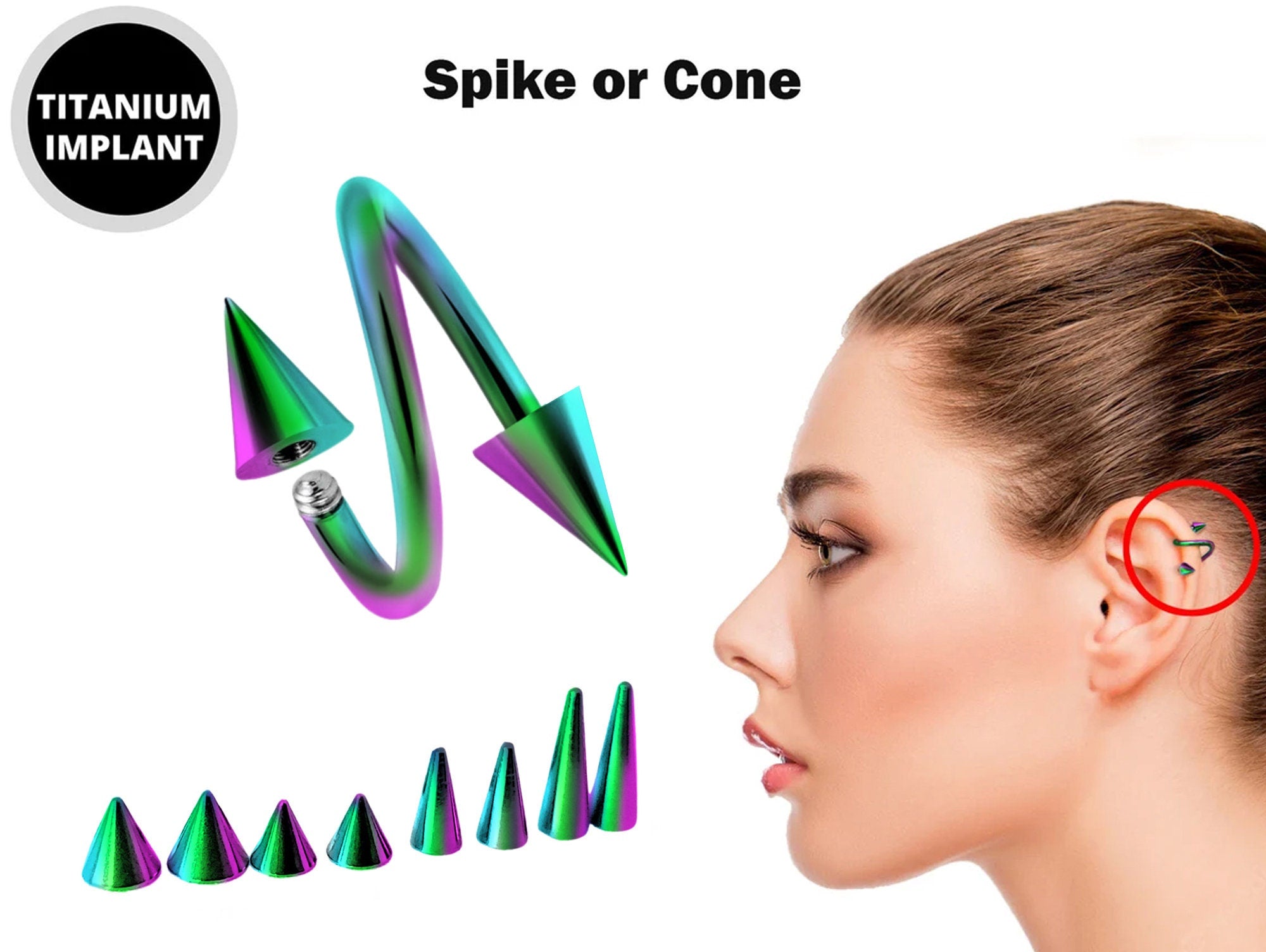 Rainbow Spike Spiral Helix Piercing - 18g 16g 14g Titanium Twisted Barbell Ear Piercing, Cartilage Ring, Lip Ring, Belly Ring