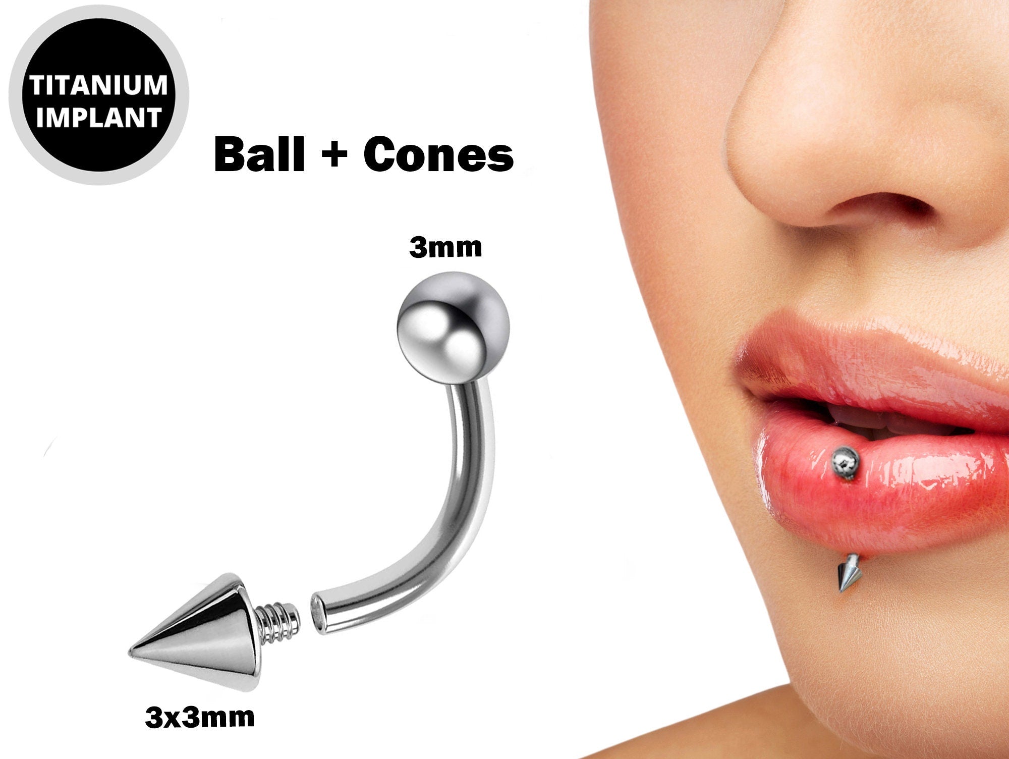 Spike Vertical Labret Stud Lip Piercings - Internally Threaded Titanium Spikes / Cone 16g 14g Curved Barbell Piercing for Lip Jewelry