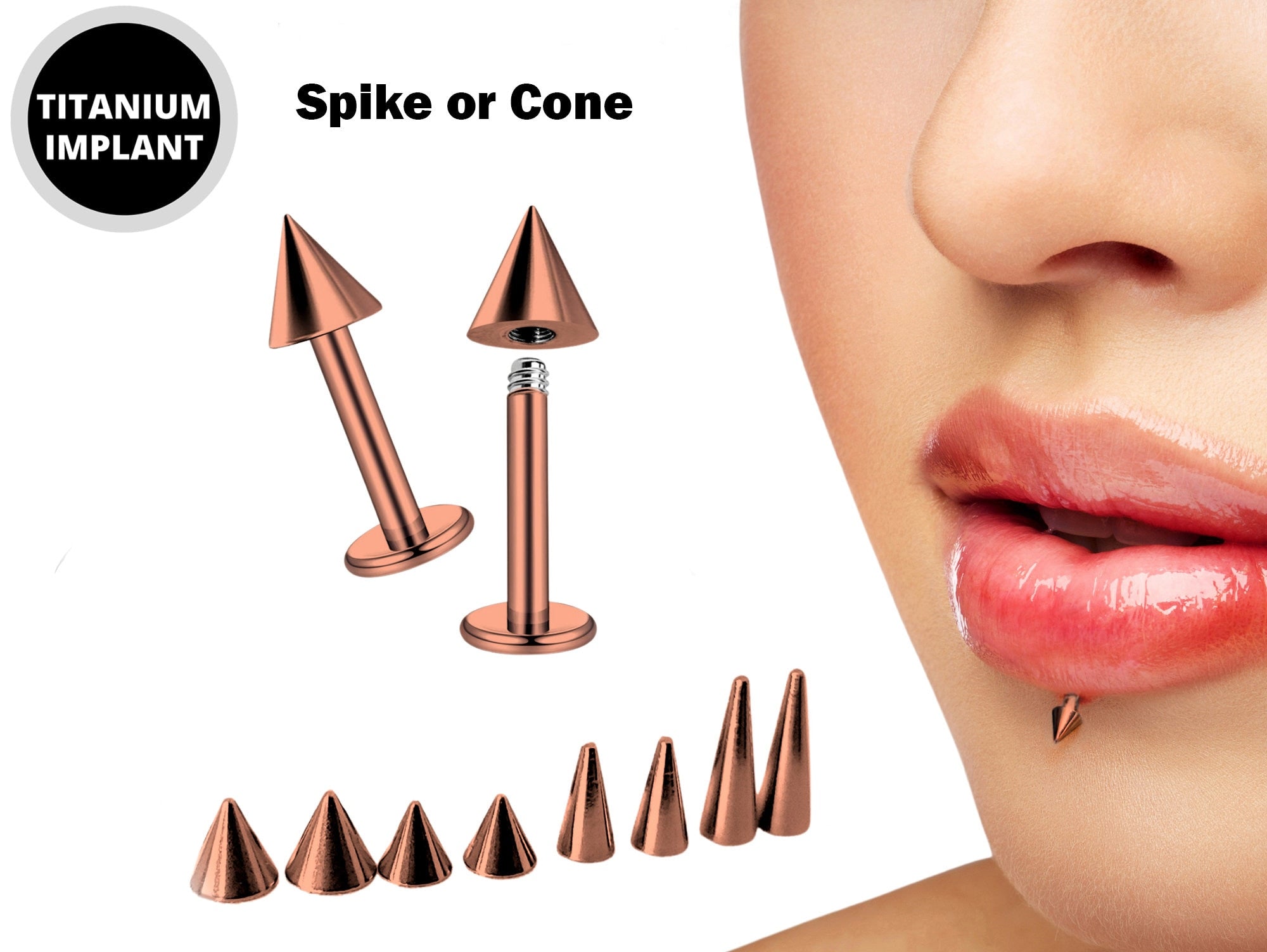 Rose Gold Spike Labret Stud Piercing Jewelry - 18g 16g 14g Titanium Lip Piercing Also for Tragus Helix Cartilage Madonna Medusa Side Labret