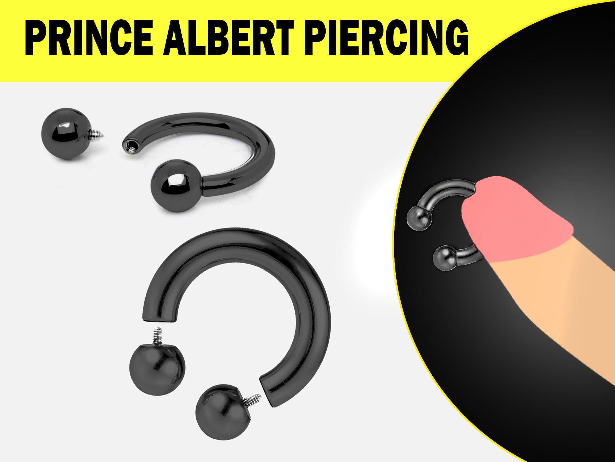 Black Prince Albert Piercing, PA Ring - Circular Barbell, Horseshoe Barbell 10G to 00G Body Piercing