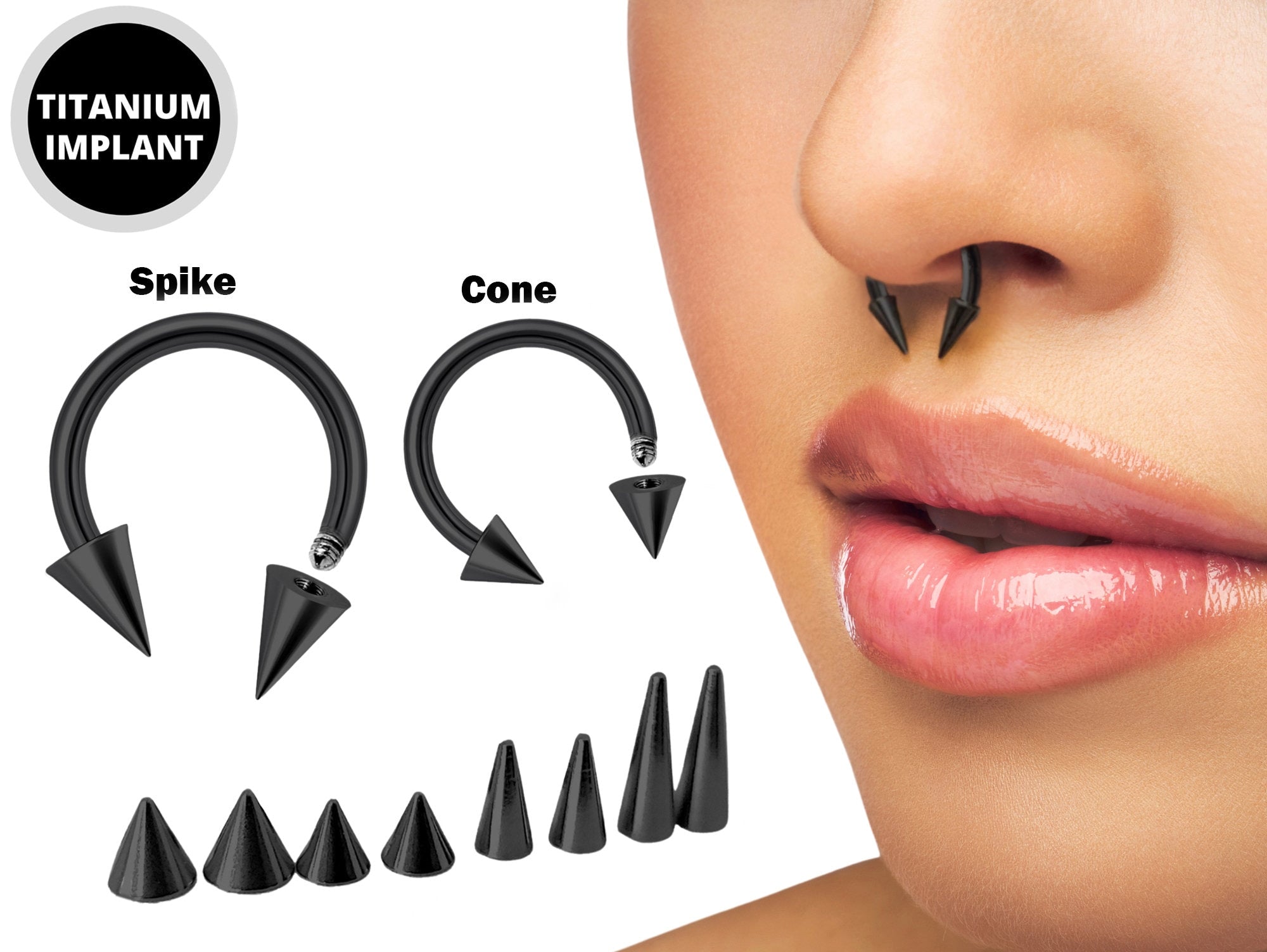 Black Spike Horseshoe Ring Piercing 18g 16g 14g Cone Titanium Septum Jewelry Bull Piercing Also for Nipple, PA Ring and Lips